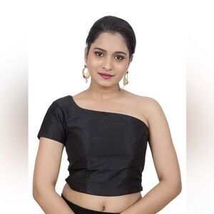 Market One Shoulder Satin Asymmetrical Short Sleeve Cropped Top Black Small